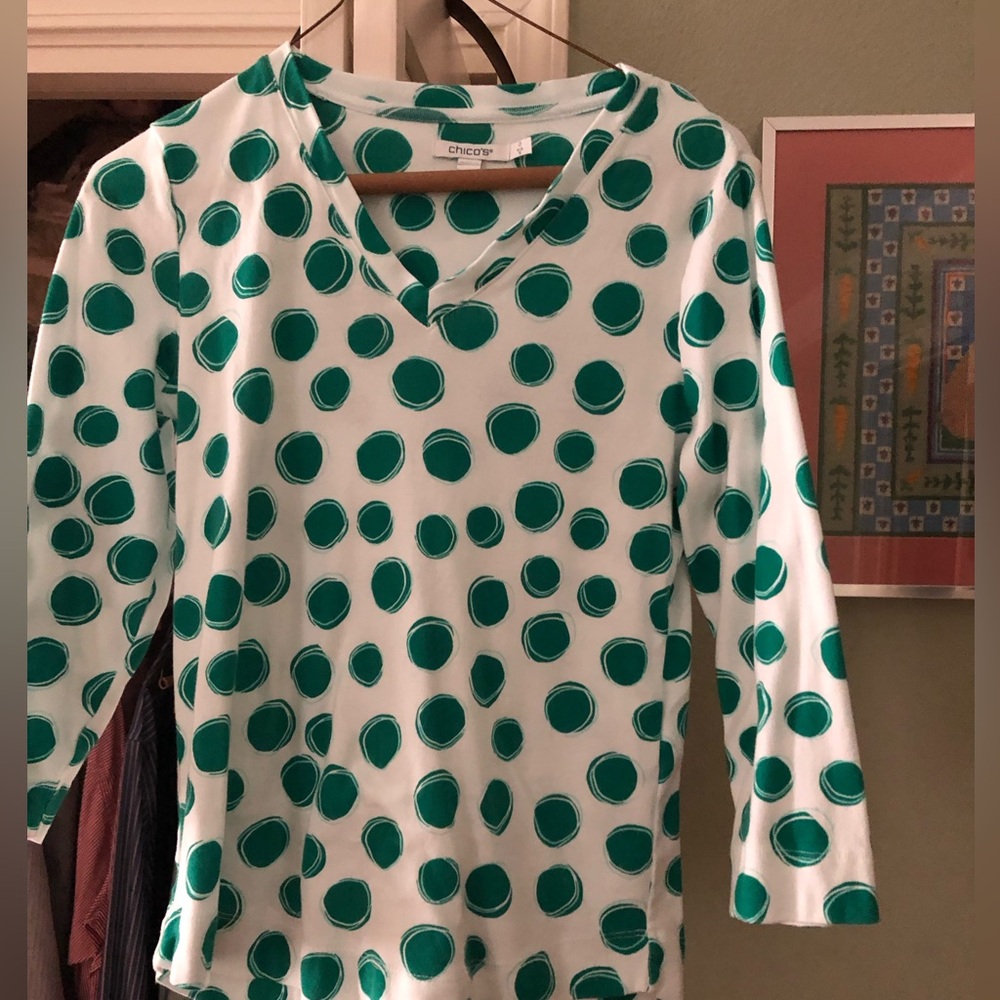 Chicos size0 blouse, soft cotton blouse green and white 3/4 sleeves, v neck. - Picture 6 of 6
